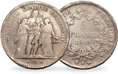 Monnaie de 5 Francs en argent massif «Hercule IIème République»